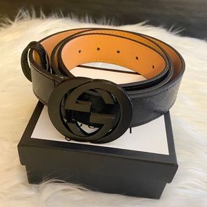 GUCCI Unisex Black Leather Belt w/ Interlocking G